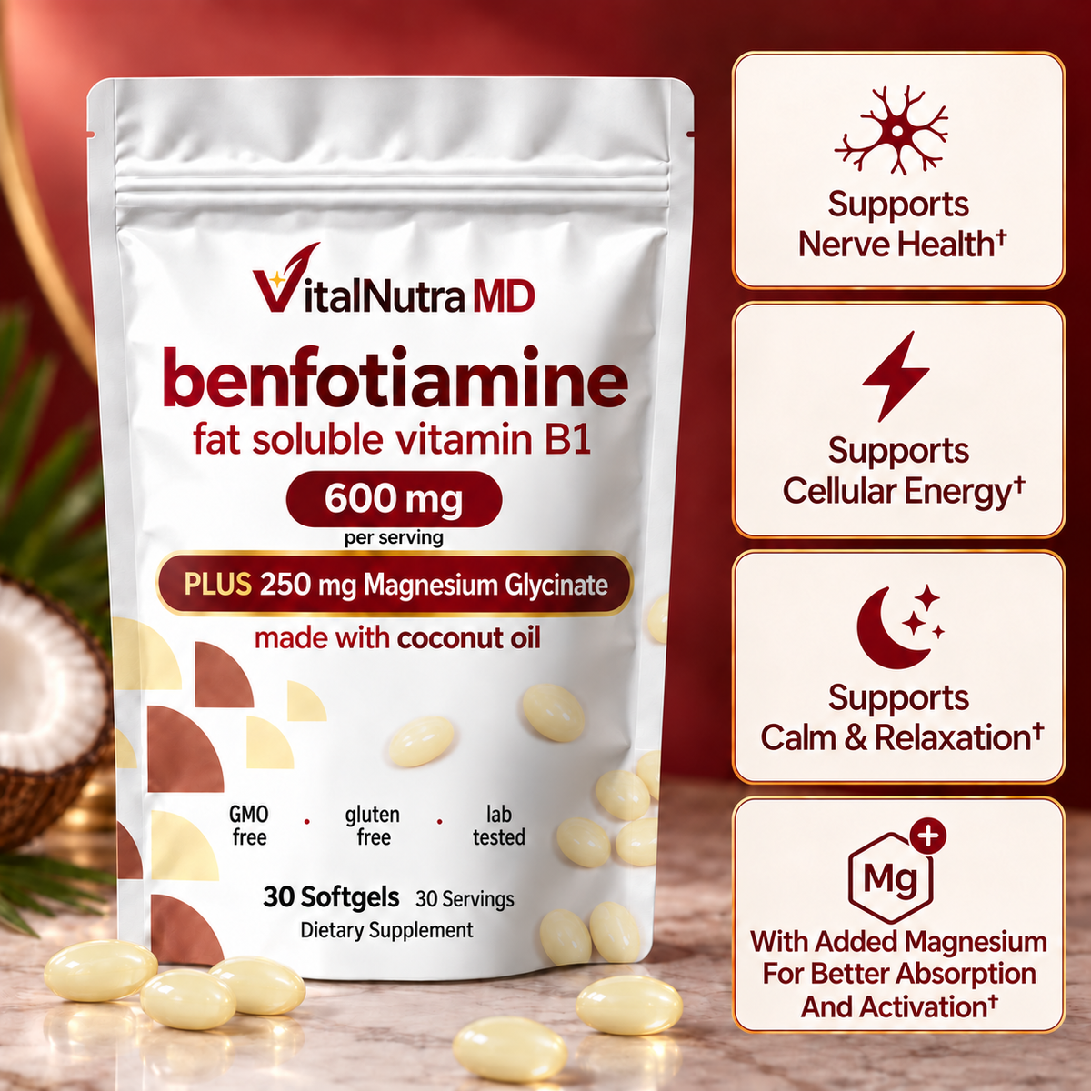 Vitamin B1 Benfotiamine (Absorbable Thiamine), With Coconut Oil and Magnesium